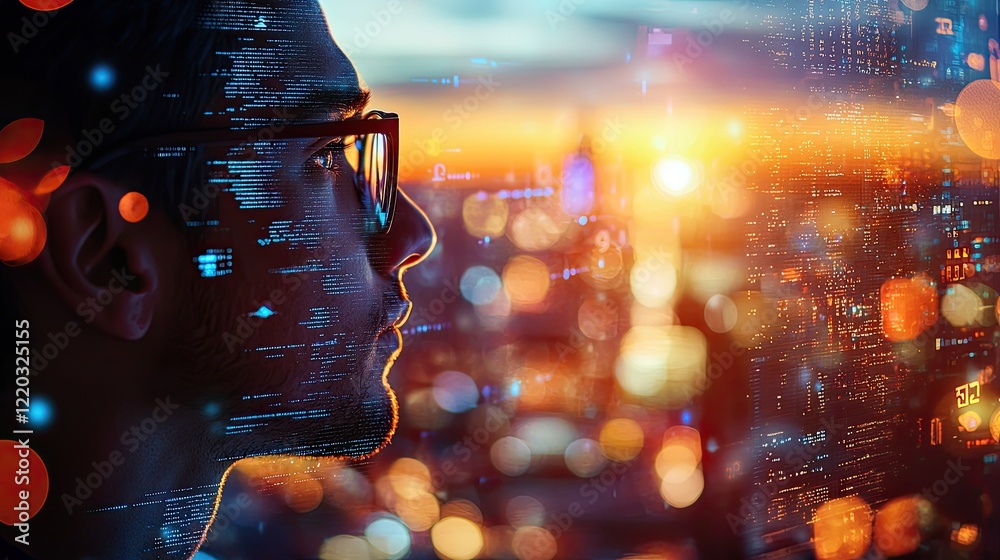 Poster A striking profile image of a man with glasses, featuring a vibrant cityscape and digital data overlay, symbolizing modern technology and innovative thinking.