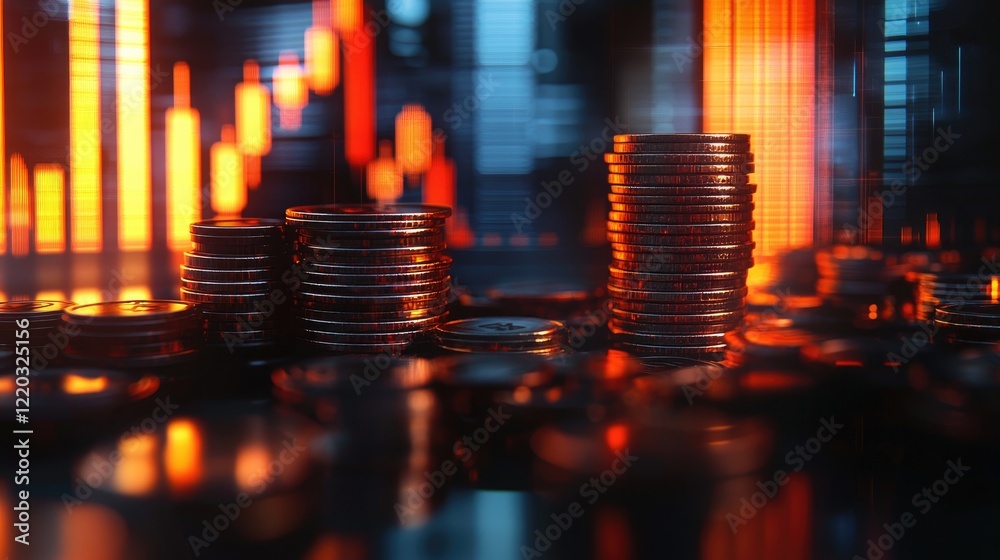 Poster a modern representation of financial growth featuring stacks of coins alongside upward-trending grap