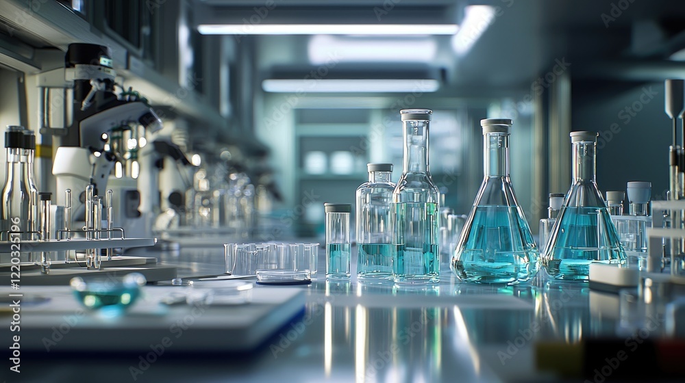 Aufkleber a modern laboratory scene featuring various glassware containing clear liquid, emphasizing cleanline
