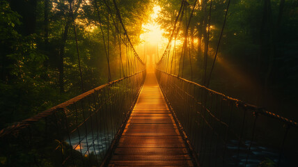 Golden Sunlight Streaming Through Lush Jungle Bridge