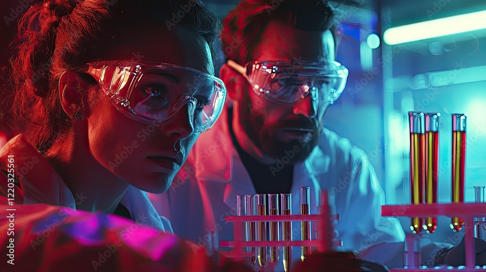 Poster two scientists wearing protective gear engage in serious research within a modern laboratory, focusi