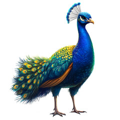 Obraz premium Close up photograph of a full body peacock isolated on a solid white background.PNG