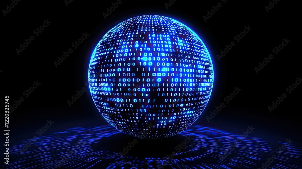 Poster A stunning digital representation of a globe with binary code patterns and blue lighting on a dark background, perfect for themes of technology, innovation, and data visu