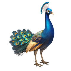 Fototapeta premium Close up photograph of a full body peacock isolated on a solid white background.PNG