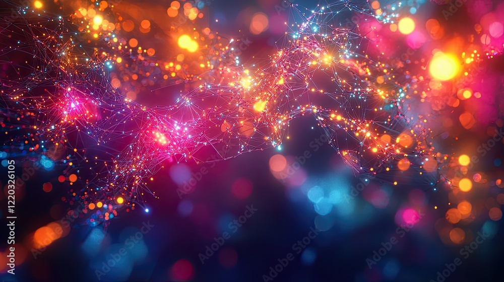 Poster Colorful digital data flow featuring vibrant connections and nodes, representing advanced information technology concepts in a modern, abstract style for creative project