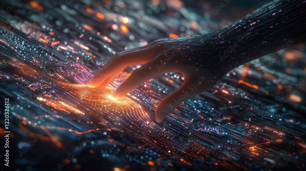 Poster a visionary representation of a hand reaching for glowing light amidst a digital landscape filled wi