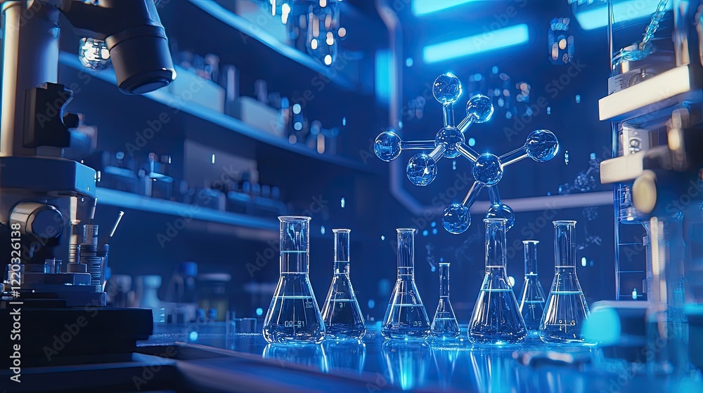 Poster a captivating laboratory scene featuring glass beakers and a molecular structure displayed on a blue