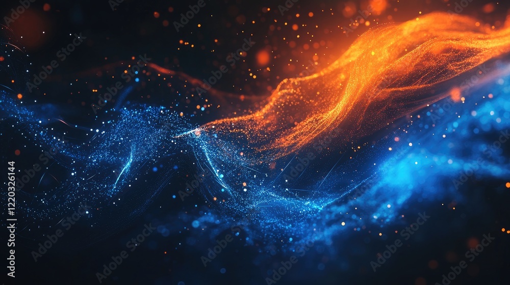 Poster Abstract digital background showcases vibrant data flow and visual elements in blue and orange, ideal for technology-related projects, presentations, and modern designs.