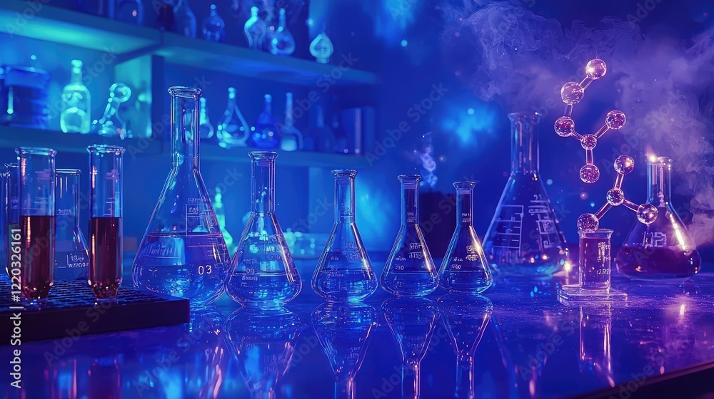Poster a captivating laboratory scene featuring glass beakers and a molecular structure displayed on a blue