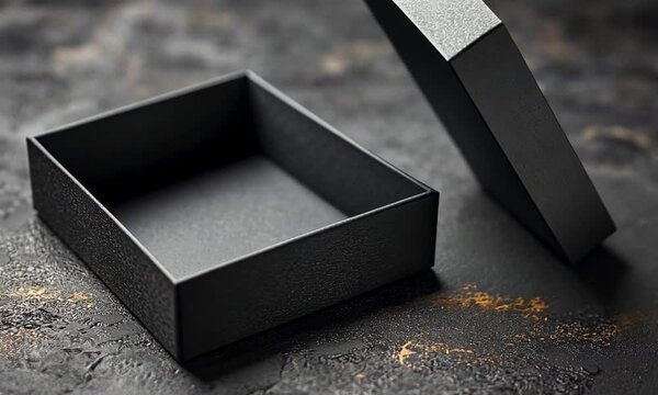 A textured black box with a lid, placed on a dark surface.