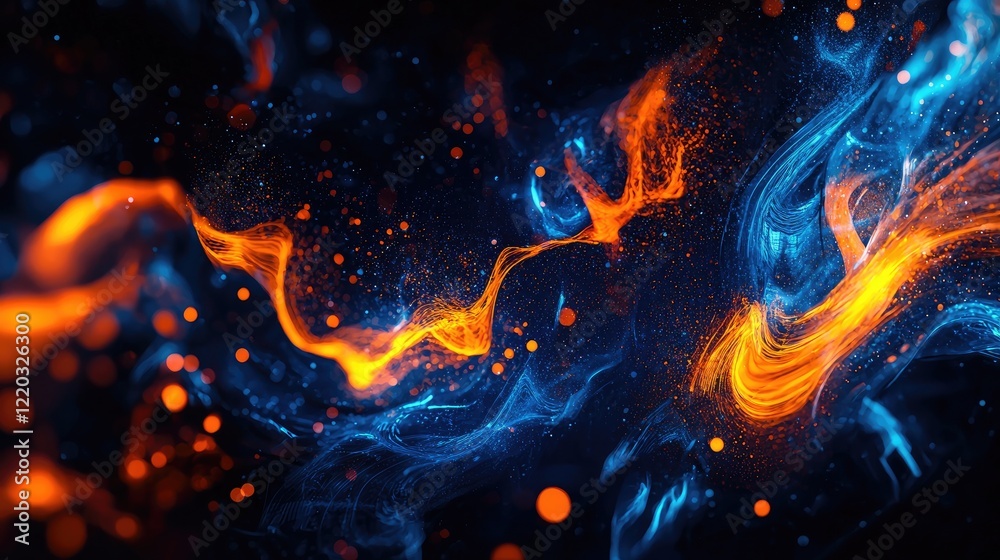 Poster Abstract digital background showcases vibrant data flow and visual elements in blue and orange, ideal for technology-related projects, presentations, and modern designs.