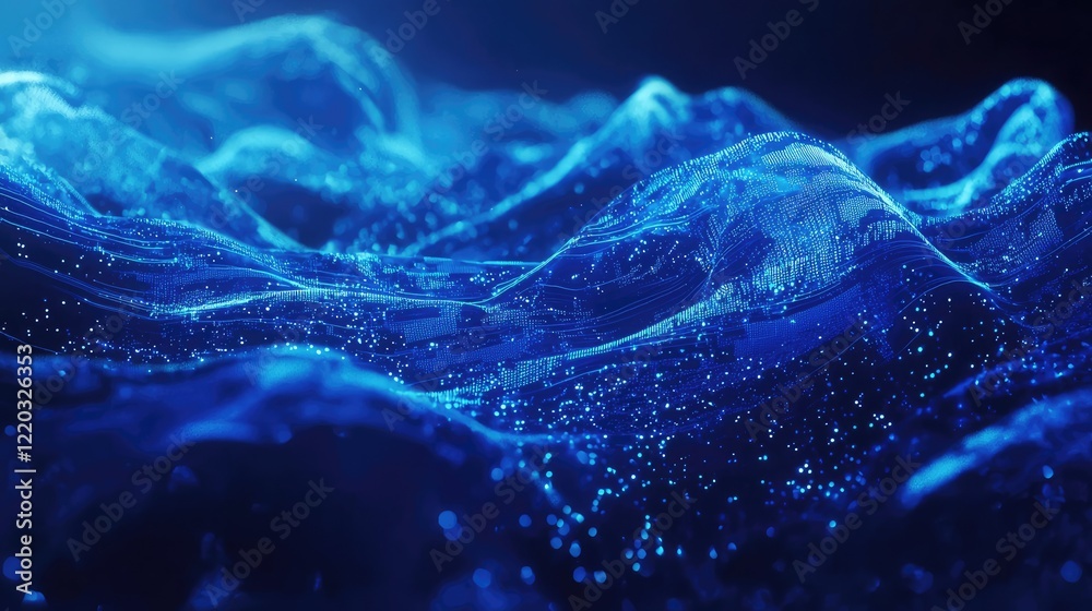 Poster Vibrant abstract blue digital background featuring dynamic data streams and light effects, perfect for technology and innovation visuals in various projects.