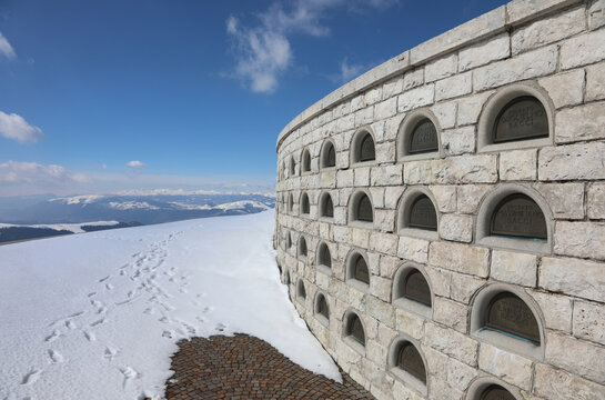 Pieve, TV, Italy - March 13, 2024: Military Memorial of Monte Grappa an ossuary and the niches with the names of the soldiers who fell during the War