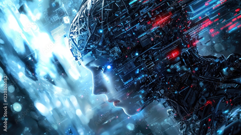 Poster Futuristic digital illustration depicting the concept of artificial intelligence with neural networks and data flow, emphasizing technological innovation and brain activi