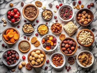 Obraz premium Vibrant nuts and dried fruits artfully arranged in bowls, photographed from above on a marble surface. Ample copy space.
