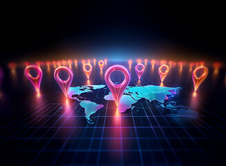 Glowing map markers surround a vibrant digital world map, illustrating global connectivity and location data.  The scene is set against a dark, futuristic grid.