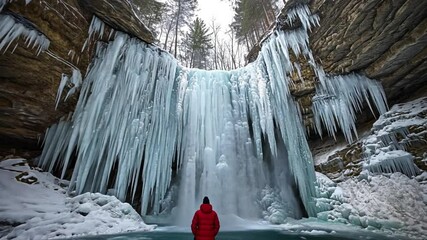 A person in a red jacket stands before a stunning frozen waterfall in a winter landscape. - Powered by Adobe
