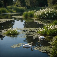 A calm park pond with green algae, white swans gliding, and flowers along the shore.