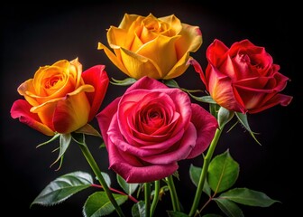 Fototapeta premium Vibrant red and yellow-pink roses isolated on black; high-resolution floral photography with clipping path.