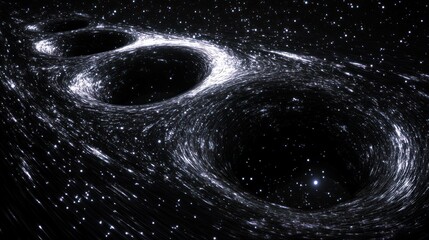 Three black holes merging, swirling cosmic dust and stars.