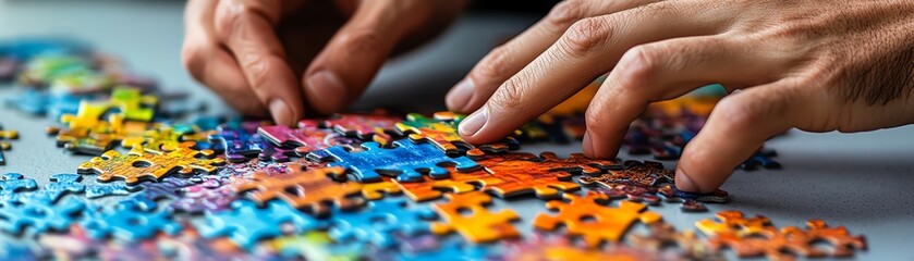 Fototapeta premium Closeup of hands assembling a colorful jigsaw puzzle on a table, illustrating teamwork, collaboration, and joint effort in an innovative and dynamic design