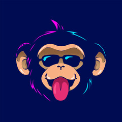 Funny funky monkey graphic art . Pop Art logo. Colorful design with soft background. Abstract vector illustration. Isolated black background for t-shirt, poster, clothing, merch, apparel, badge design