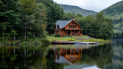 Obraz premium Peaceful Wooden Cabin by Serene Lake with Dock