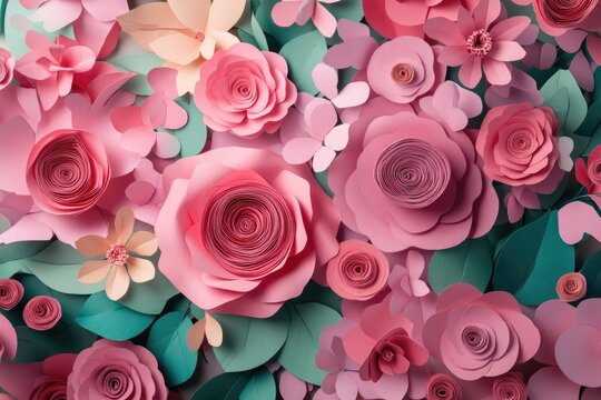 Pink paper flowers with green leaves