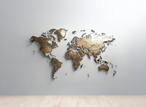 Elegant, three-dimensional metallic world map art piece on a light gray wall, above a light wood floor.  A sophisticated home decor element.