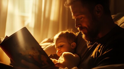 Father sharing a bedtime story with child, cozy atmosphere, soft beige backdrop, intimate moment captured on the right side of the canvas