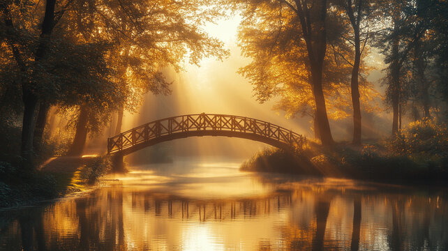 Serene Autumn Sunrise over a Wooden Bridge and Misty Forest
