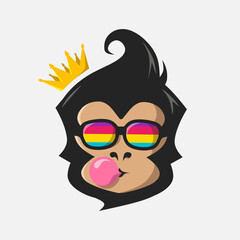Funny funky monkey bubble gum . Pop Art logo. Colorful design with soft background. Abstract vector illustration. Isolated black background for t-shirt, poster, clothing, merch, apparel, badge design
