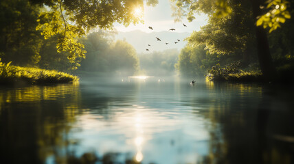 Fototapeta premium Serene River Landscape at Sunrise with Lush Forest