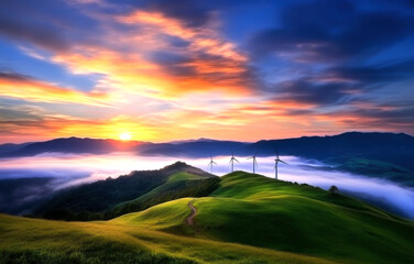Fototapeta premium A breathtaking sunrise blankets rolling hills and tranquil valleys, with wind turbines majestically positioned against a vibrant sky, symbolizing the harmony between nature and renewable energy.