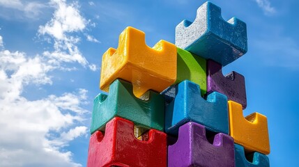 Naklejka premium Colorful Building Blocks Stacked Against a Blue Sky Background