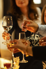 Friends celebrating with drinks at a cozy gathering in the evening