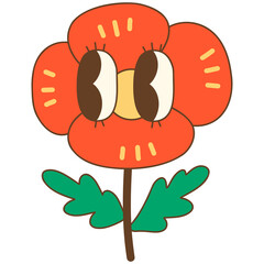Cute cartoon poppy flower with big eyes and green leaves