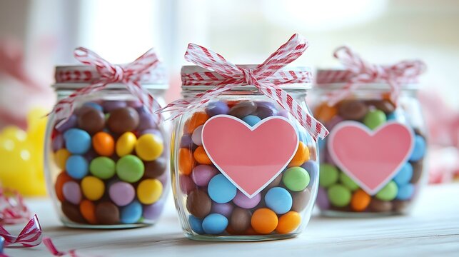 DIY Valentineâ€™s candy jars with heart-shaped labels and colorful candies inside