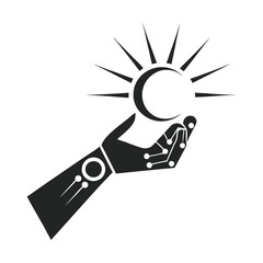 a logo of a robotic hand holding a glowing orb, with digital patterns on the finger