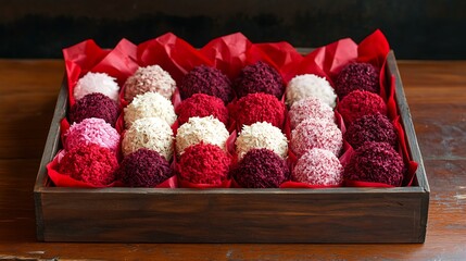 Homemade Valentineâ€™s Day truffles in a rustic wooden box lined with red tissue paper