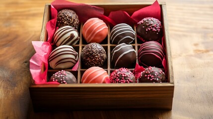 Homemade Valentineâ€™s Day truffles in a rustic wooden box lined with red tissue paper