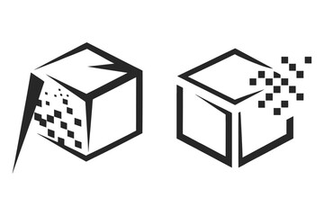 abstract logo of a cube that appears to dissolve into pixels
