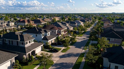 Aerial View of Residential Neighborhood with Modern Houses and Streets