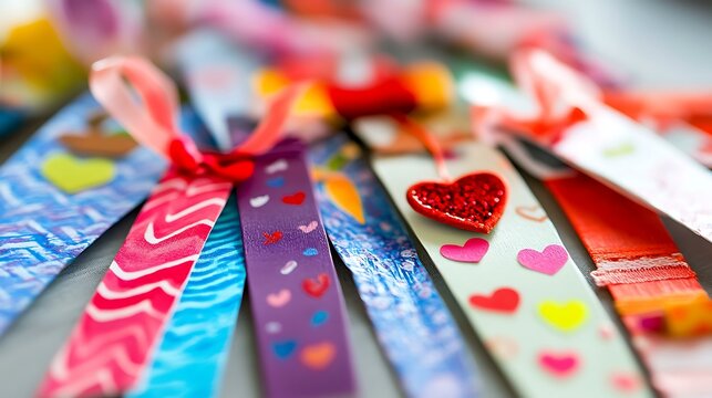 Kids crafting Valentine bookmarks with markers, stickers, and ribbons