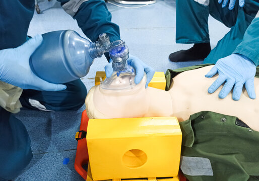 Paramedic or medical demonstration Bag-valve-mask (BVM) ventilation, for rescue ventilation to patient with apnea or severe ventilation failure.