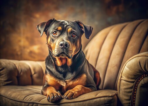 Vintage couch, retro dog:  A relaxed Pitweiler mix (Pitbull & Rottweiler) poses for a charming photograph.