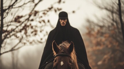 Fototapeta premium Mysterious Man Horseback Riding Dark Forest Autumn