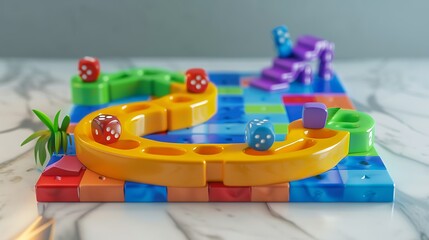 A colorful Snakes and Ladders game board with dice, displayed on a clean white surface.