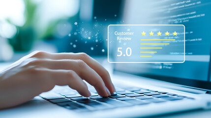 A creative visualization of customer feedback with glowing 5-star ratings, emphasizing digital feedback and financial growth