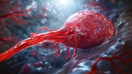 Detailed close-up view of a cancer cell with multiple vessels, highlighting medical research applications